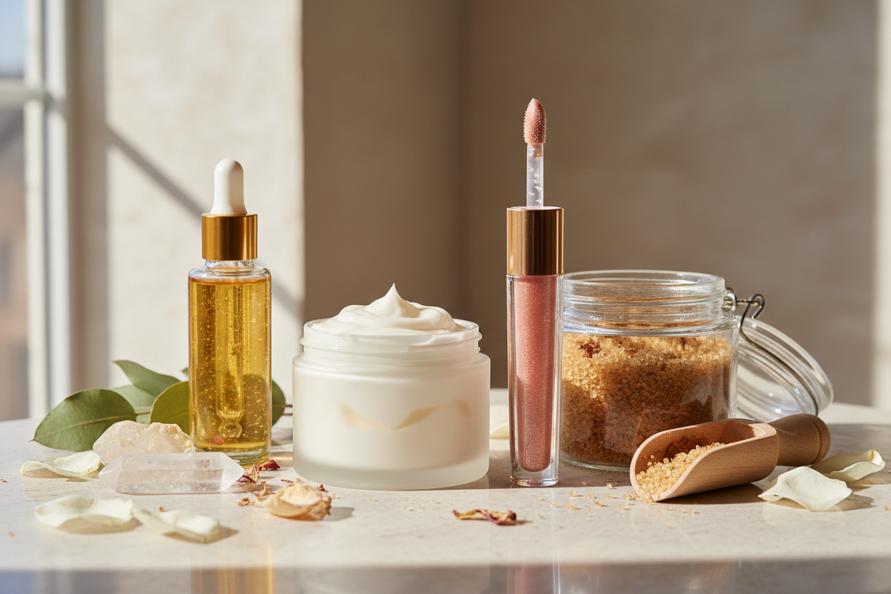 Body butter, lip gloss, sugar scrub and body oil 