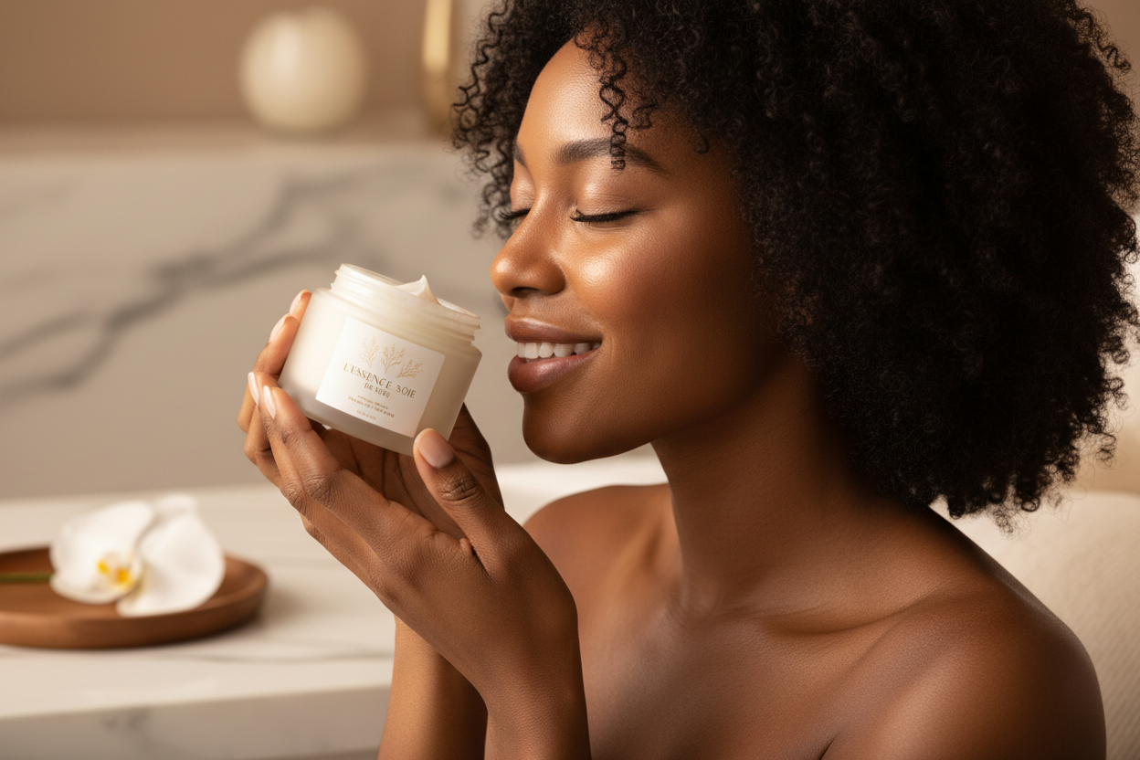 Sexy black woman enjoying smelling a jar of body butter